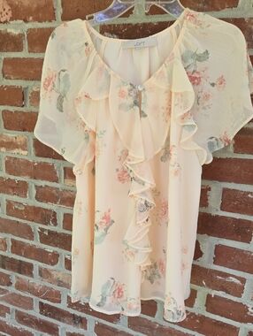 LOFT Peach Floral Ruffle Blouse